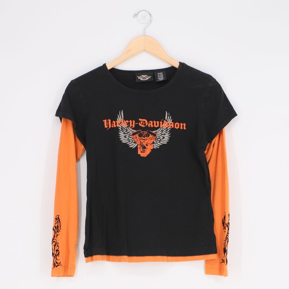 HARLEY DAVIDSON Vintage Layered Long Sleeve T-Shirt Orange & Black Y2K Size M